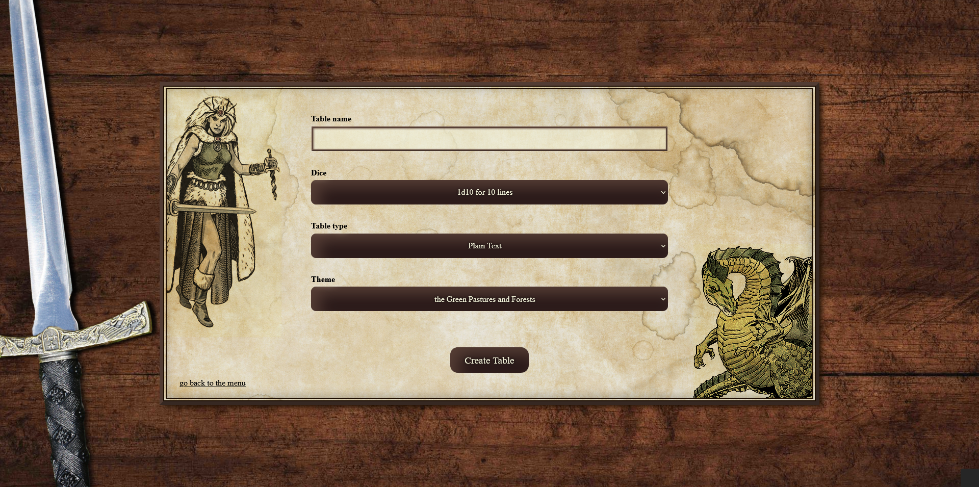 screenshot of table creation page